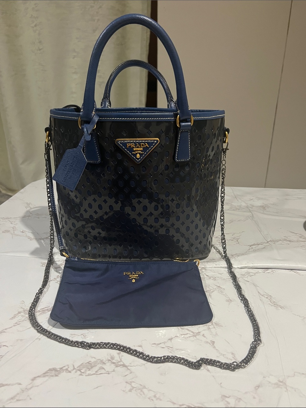 Prada Navy Perforated Patent Leather Shoulder Tote with Chain Strap